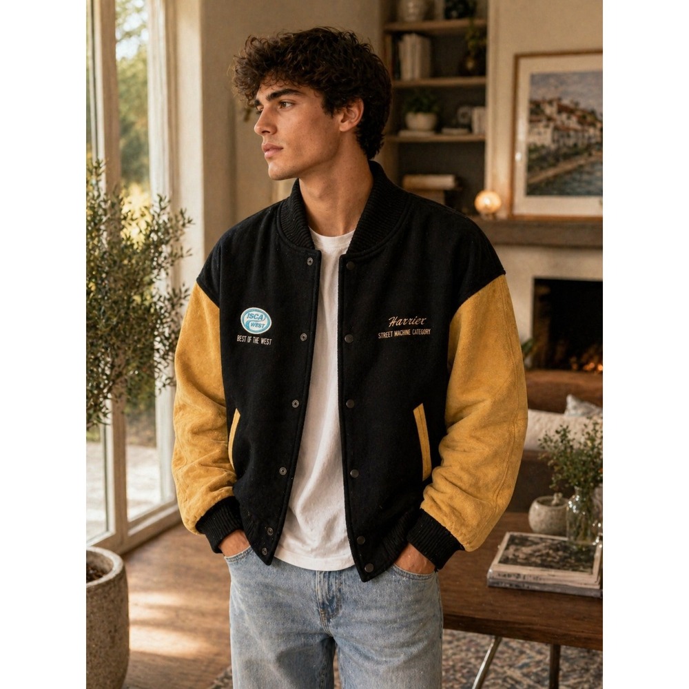 Burks Bay Mens Varsity Bomber Jacket Black Yellow Suede ISCA West Black Magic M